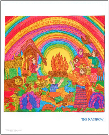 The poster of The Rainbow by John August Swanson shows Noah and his family celebrating the end of the flood as God sets a rainbow in the clouds as a sign of His new covenant with mankind as told in Genesis 9. The John August Swanson poster of The Rainbow is for sale from Eyekons Gallery, www.eyekons.com