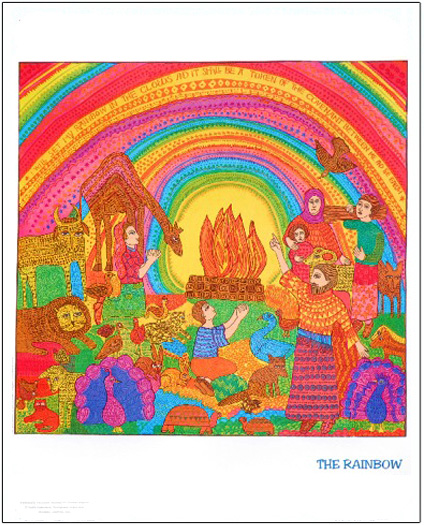 John August Swanson's Poster The Rainbow, for sale at Eyekons Online Gallery The poster of The Rainbow by John August Swanson shows Noah and his family celebrating the end of the flood as God sets a rainbow in the clouds as a sign of His new covenant with mankind as told in Genesis 9. The John August Swanson poster of The Rainbow is for sale from Eyekons Gallery, www.eyekons.com