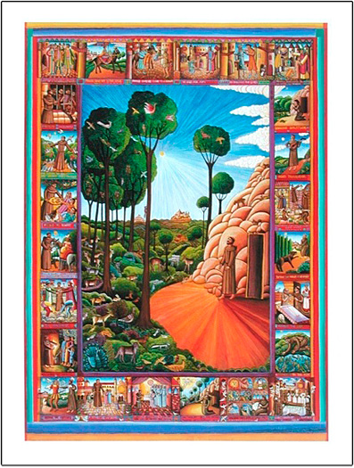 The poster of St. Francis of Assisi by John August Swanson is for sale from Eyekons Gallery, www.eyekons.com. St. Francis of Assisi poster by John August Swanson is a beautiful visual narrative of the life of this much-loved saint. In the large center panel Francis stands at the door of his cave surrounded by his animal kingdom. Miniatures surround the main image, illustrating the life of St. Francis.