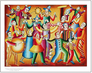 The poster Waltz of the Clowns by John August Swanson is for sale from Eyekons Gallery. John Swanson portrays a colorful ensemble of clowns dancing and making music in sheer joy and celebration.