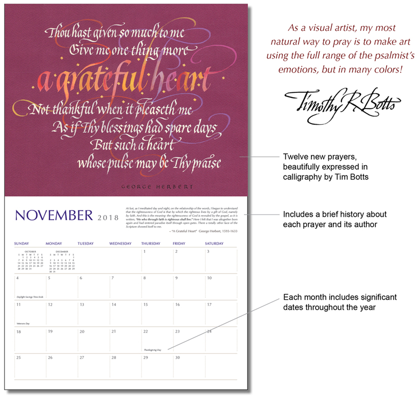 Tim Botts 2018 Calendar – Prayers through the Ages Prayer - The Poetry of the Soul - Prayers through the Ages - 2018 Calendar by Calligrapher Tim Botts